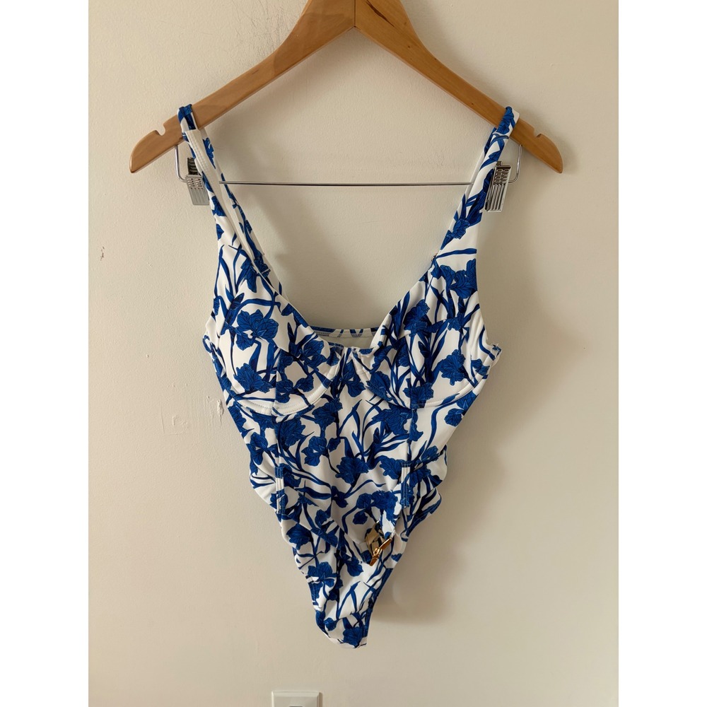 Hutch Blue White Floral Toile Underwire One Piece Swimsuit Ruched High Cut Med M